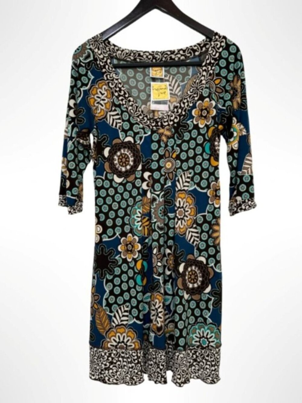 HAND JIVE Boho Geometric Print Slinky Knit Mini Dress Brown Blue Size L NWT